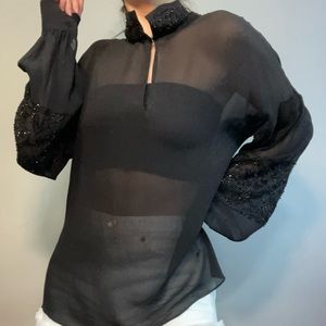 DKNY 100% Silk Sheer Beaded Black Long Sleeve Blouse